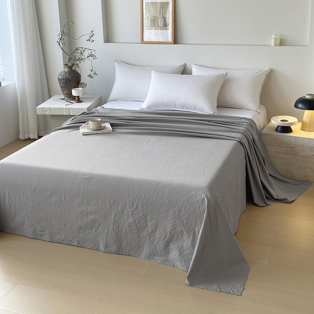 91家纺网 家纺一手货源 找家纺 春皖家纺 2026春夏新款全棉纯棉水洗棉单品系列床单单件床单单品-B版单床单 素雅浅灰