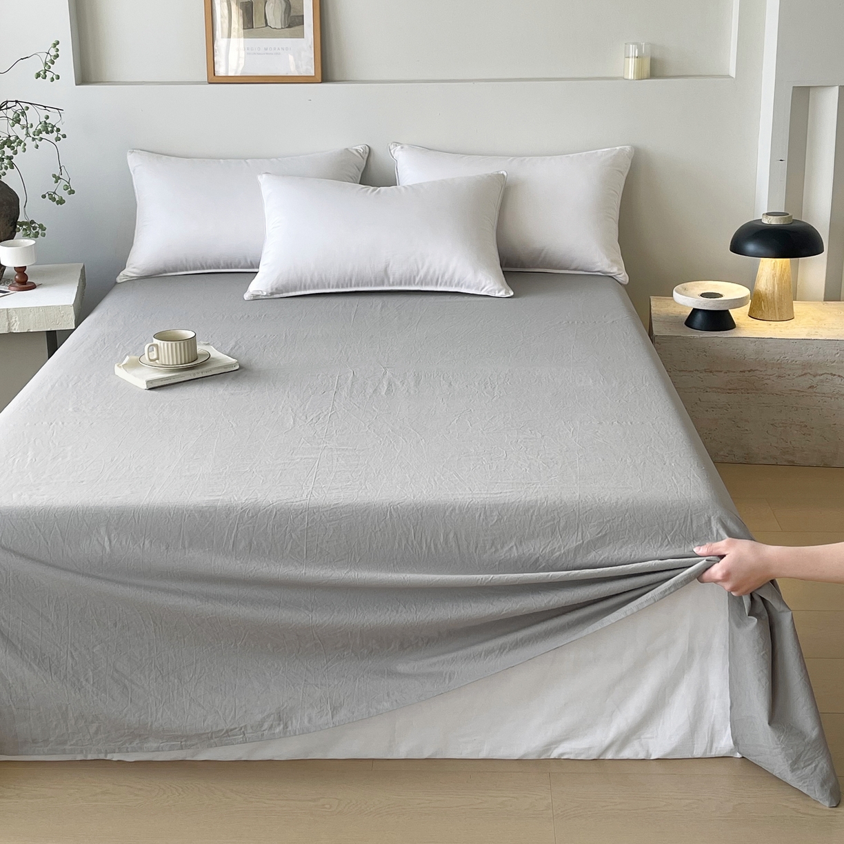 91家纺网 家纺一手货源 找家纺 春皖家纺 2026春夏新款全棉纯棉水洗棉单品系列床单单件床单单品-B版单床单 素雅浅灰