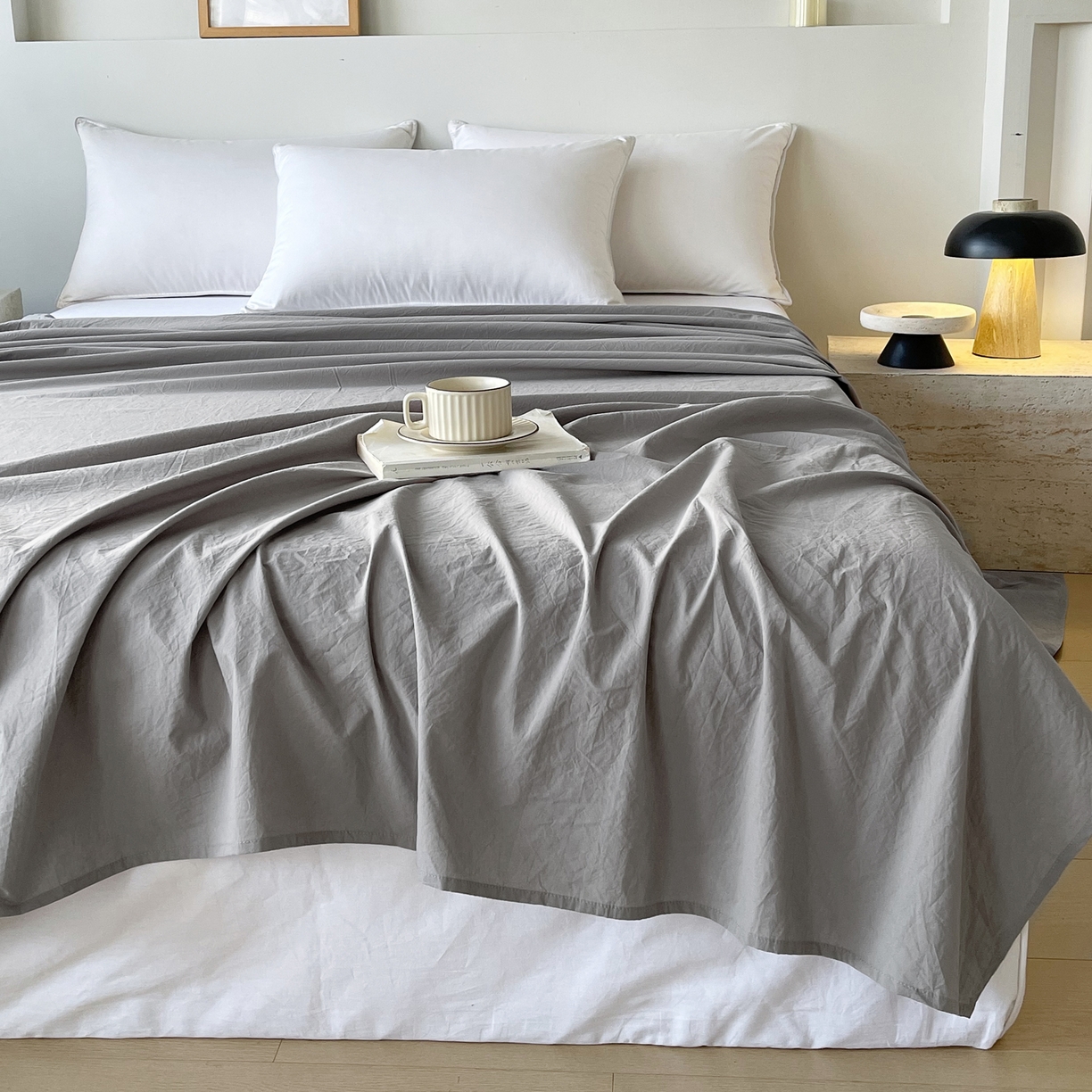 91家纺网 家纺一手货源 找家纺 春皖家纺 2026春夏新款全棉纯棉水洗棉单品系列床单单件床单单品-B版单床单 素雅浅灰