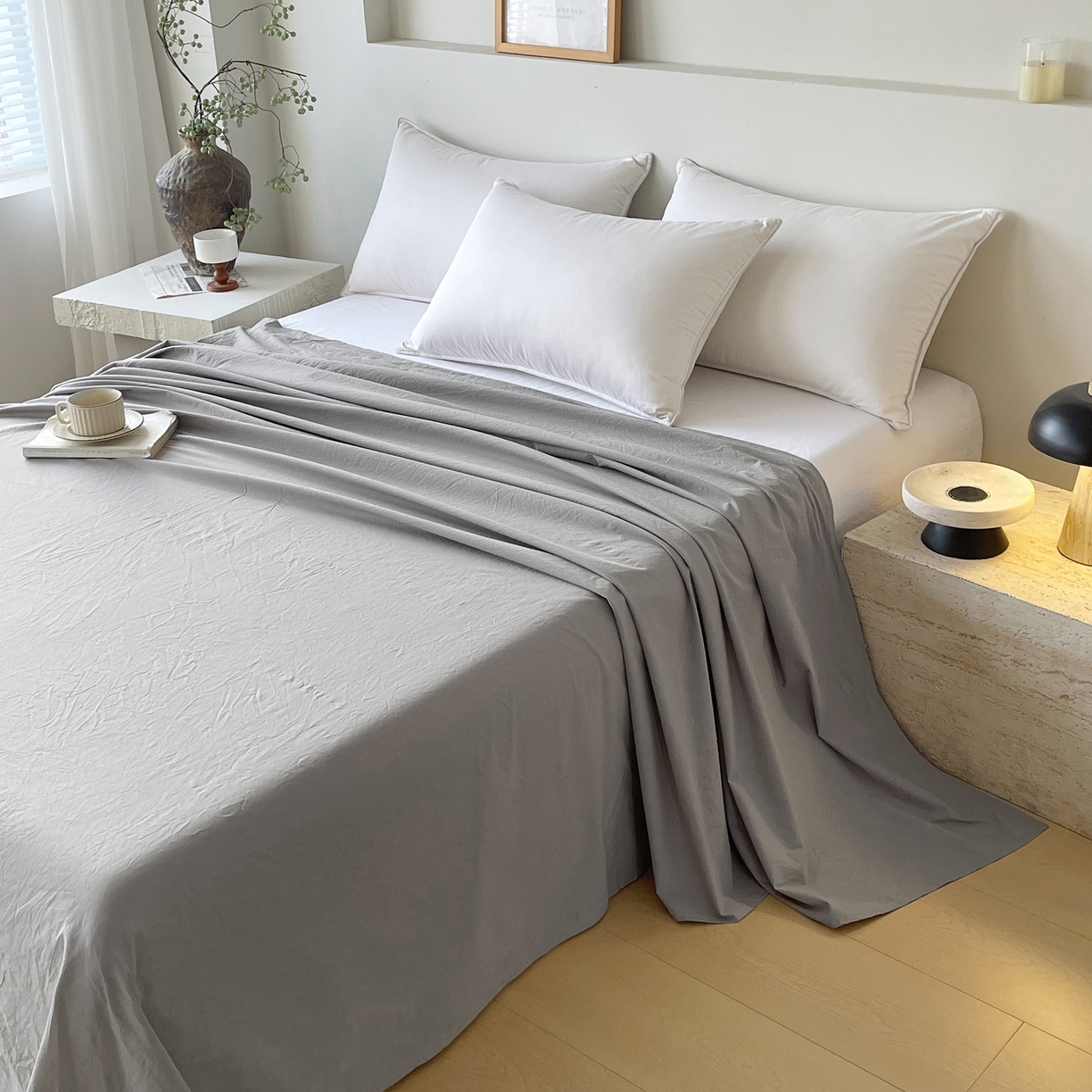 91家纺网 家纺一手货源 找家纺 春皖家纺 2026春夏新款全棉纯棉水洗棉单品系列床单单件床单单品-B版单床单 素雅浅灰