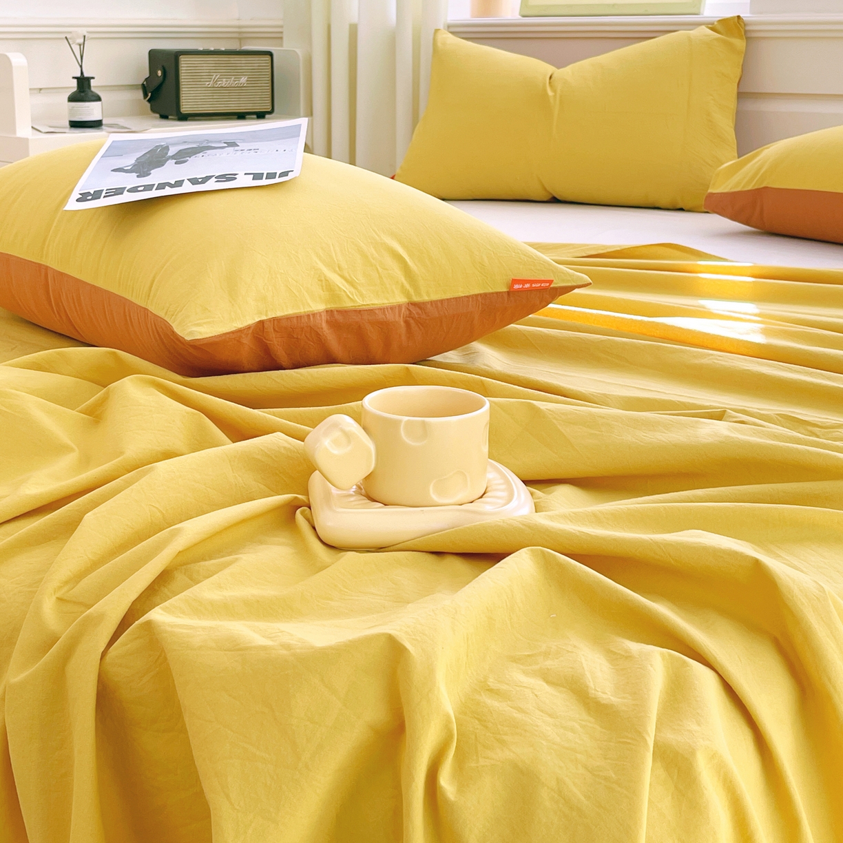 91家纺网 家纺一手货源 找家纺 春皖家纺 2026春夏新款全棉纯棉水洗棉单品系列床单单件床单单品-B版单床单 素雅深黄