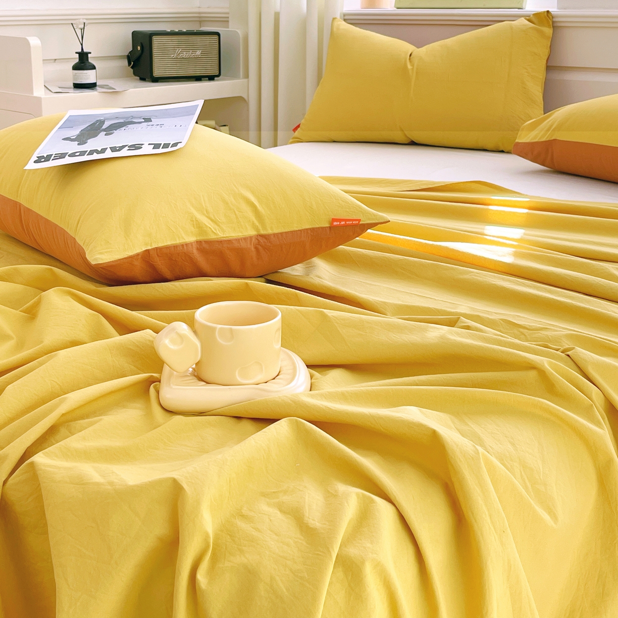 91家纺网 家纺一手货源 找家纺 春皖家纺 2026春夏新款全棉纯棉水洗棉单品系列床单单件床单单品-B版单床单 素雅深黄