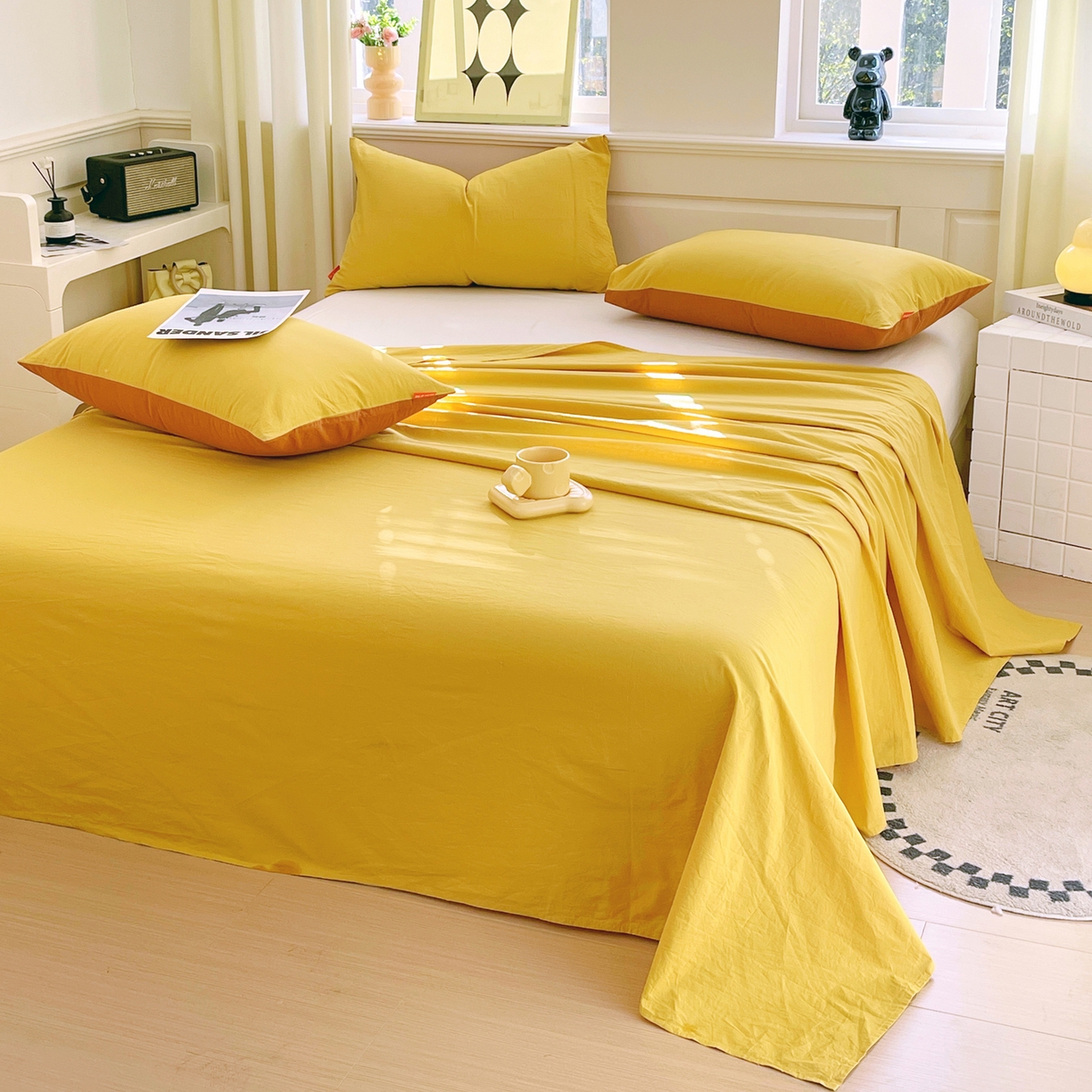 91家纺网 家纺一手货源 找家纺 春皖家纺 2026春夏新款全棉纯棉水洗棉单品系列床单单件床单单品-B版单床单 素雅深黄