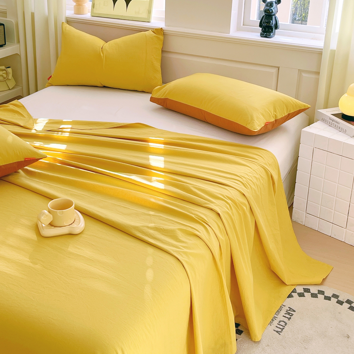 91家纺网 家纺一手货源 找家纺 春皖家纺 2026春夏新款全棉纯棉水洗棉单品系列床单单件床单单品-B版单床单 素雅深黄