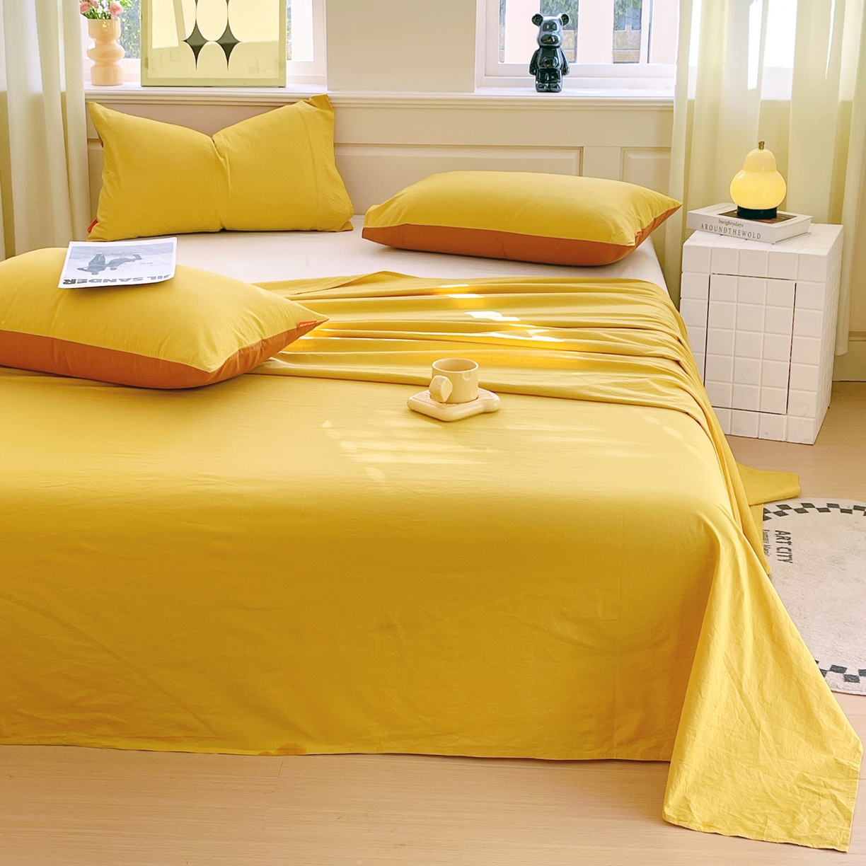 91家纺网 家纺一手货源 找家纺 春皖家纺 2026春夏新款全棉纯棉水洗棉单品系列床单单件床单单品-B版单床单 素雅深黄