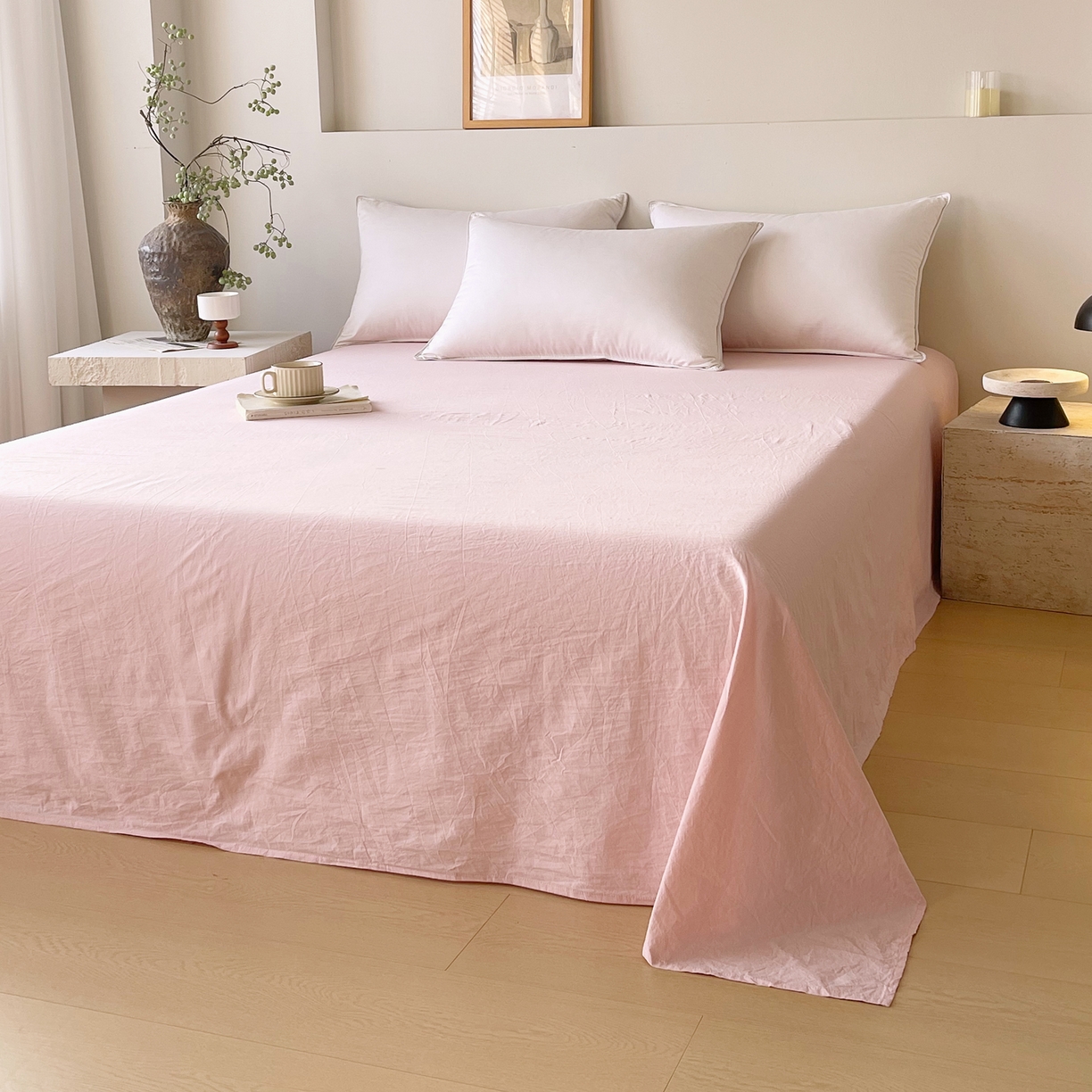 91家纺网 家纺一手货源 找家纺 春皖家纺 2026春夏新款全棉纯棉水洗棉单品系列床单单件床单单品-B版单床单 樱花粉