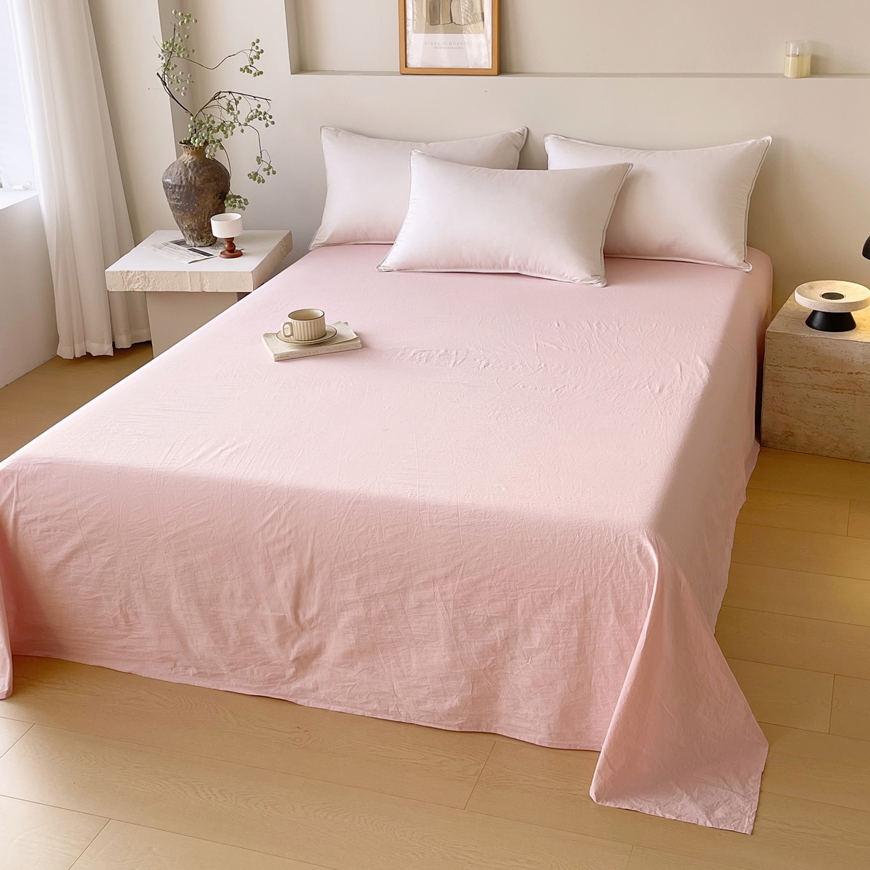 91家纺网 家纺一手货源 找家纺 春皖家纺 2026春夏新款全棉纯棉水洗棉单品系列床单单件床单单品-B版单床单 樱花粉