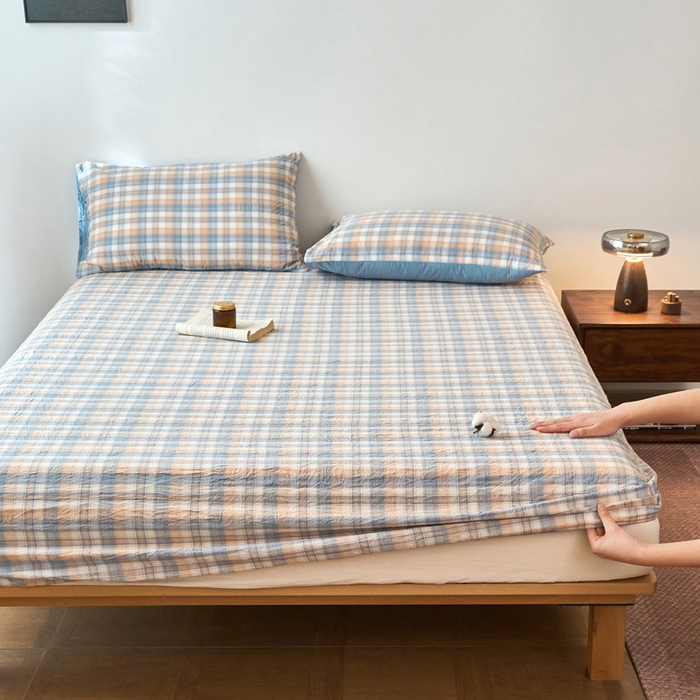 91家纺网 家纺一手货源 找家纺 春皖家纺 2026春夏新款全棉纯棉水洗棉单品系列床笠单件床笠单品-A版单床笠 翠竹-蓝格