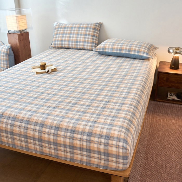 91家纺网 家纺一手货源 找家纺 春皖家纺 2026春夏新款全棉纯棉水洗棉单品系列床笠单件床笠单品-A版单床笠 翠竹-蓝格