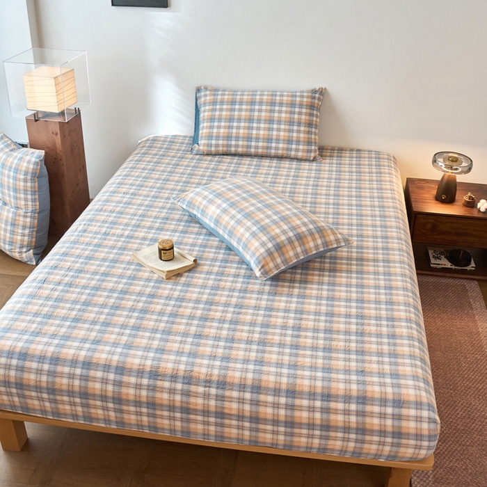 91家纺网 家纺一手货源 找家纺 春皖家纺 2026春夏新款全棉纯棉水洗棉单品系列床笠单件床笠单品-A版单床笠 翠竹-蓝格