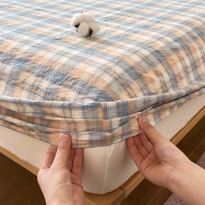 91家纺网 家纺一手货源 找家纺 春皖家纺 2026春夏新款全棉纯棉水洗棉单品系列床笠单件床笠单品-A版单床笠 翠竹-蓝格