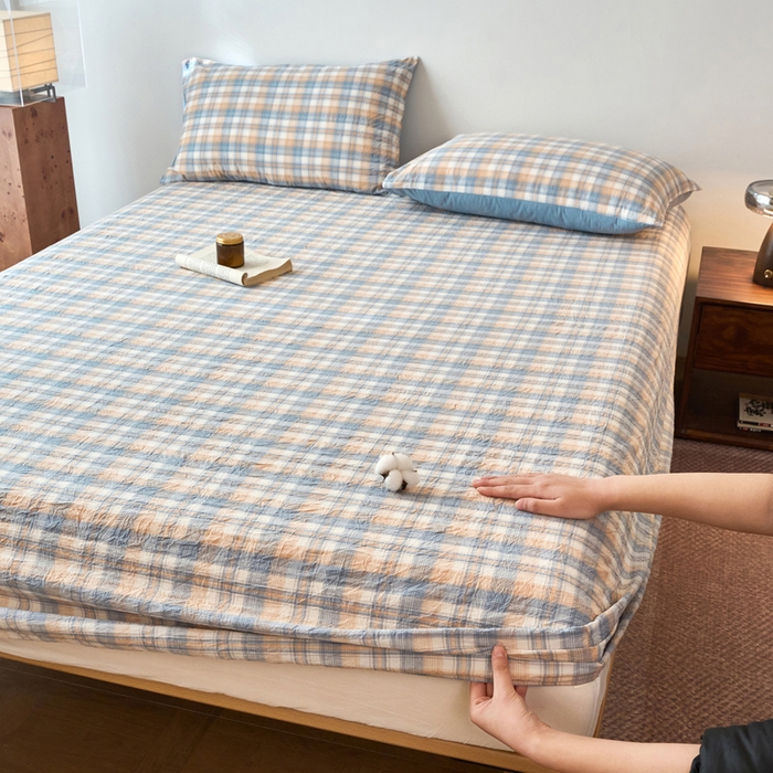 91家纺网 家纺一手货源 找家纺 春皖家纺 2026春夏新款全棉纯棉水洗棉单品系列床笠单件床笠单品-A版单床笠 翠竹-蓝格