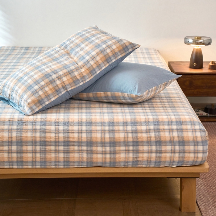 91家纺网 家纺一手货源 找家纺 春皖家纺 2026春夏新款全棉纯棉水洗棉单品系列床笠单件床笠单品-A版单床笠 翠竹-蓝格