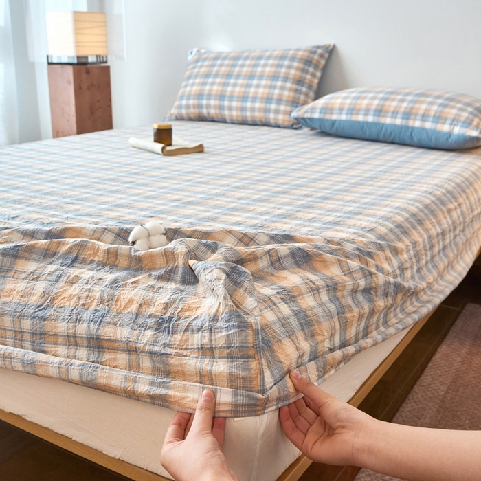 91家纺网 家纺一手货源 找家纺 春皖家纺 2026春夏新款全棉纯棉水洗棉单品系列床笠单件床笠单品-A版单床笠 翠竹-蓝格