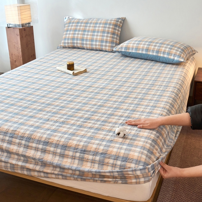 91家纺网 家纺一手货源 找家纺 春皖家纺 2026春夏新款全棉纯棉水洗棉单品系列床笠单件床笠单品-A版单床笠 翠竹-蓝格