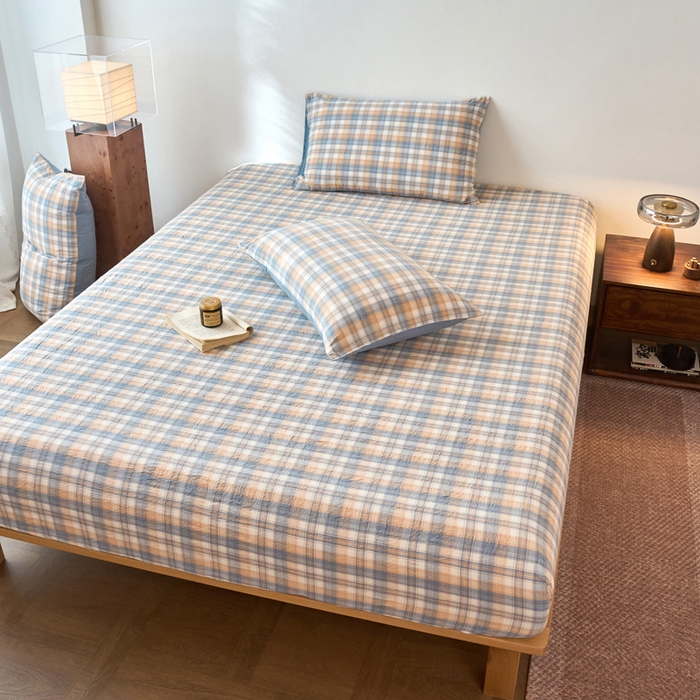 91家纺网 家纺一手货源 找家纺 春皖家纺 2026春夏新款全棉纯棉水洗棉单品系列床笠单件床笠单品-A版单床笠 翠竹-蓝格