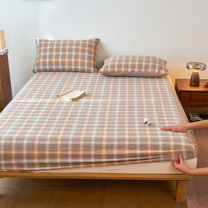 91家纺网 家纺一手货源 找家纺 春皖家纺 2026春夏新款全棉纯棉水洗棉单品系列床笠单件床笠单品-A版单床笠 栗木-咖格