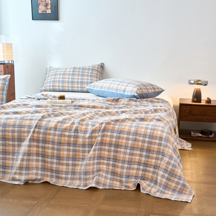 91家纺网 家纺一手货源 找家纺 春皖家纺 2026春夏新款全棉纯棉水洗棉单品系列床单单件床单单品-A版单床单 翠竹-蓝格