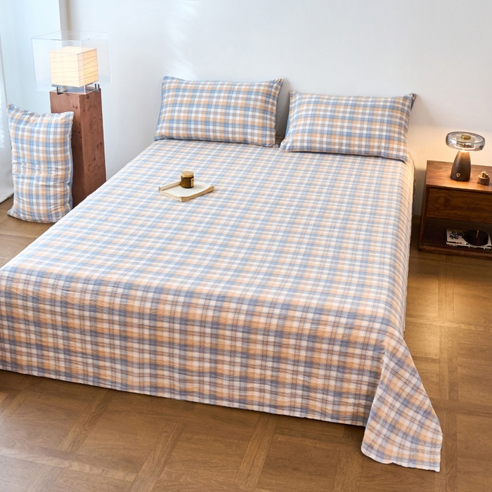 91家纺网 家纺一手货源 找家纺 春皖家纺 2026春夏新款全棉纯棉水洗棉单品系列床单单件床单单品-A版单床单 翠竹-蓝格