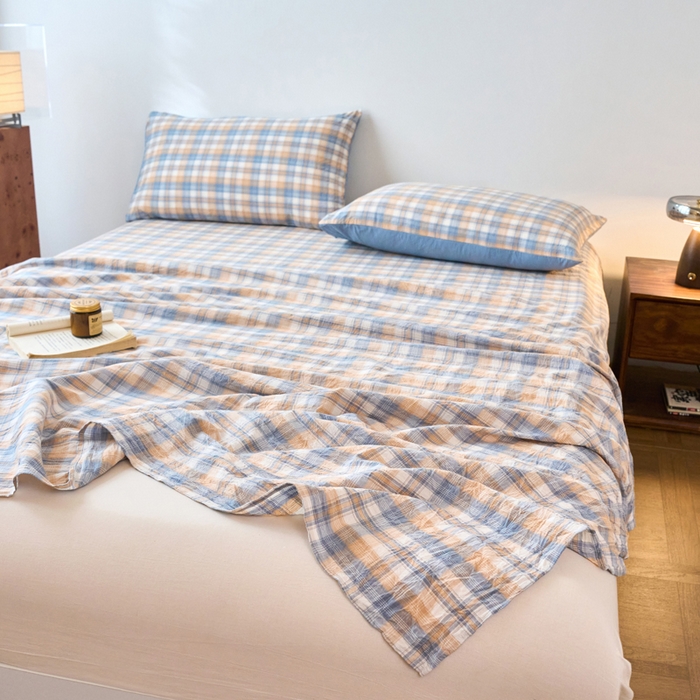 91家纺网 家纺一手货源 找家纺 春皖家纺 2026春夏新款全棉纯棉水洗棉单品系列床单单件床单单品-A版单床单 翠竹-蓝格