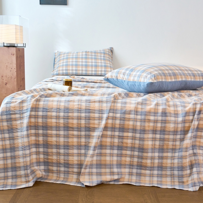 91家纺网 家纺一手货源 找家纺 春皖家纺 2026春夏新款全棉纯棉水洗棉单品系列床单单件床单单品-A版单床单 翠竹-蓝格