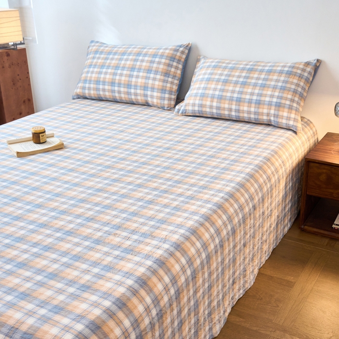 91家纺网 家纺一手货源 找家纺 春皖家纺 2026春夏新款全棉纯棉水洗棉单品系列床单单件床单单品-A版单床单 翠竹-蓝格