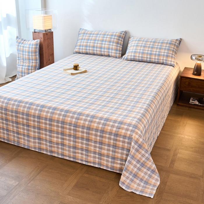 91家纺网 家纺一手货源 找家纺 春皖家纺 2026春夏新款全棉纯棉水洗棉单品系列床单单件床单单品-A版单床单 翠竹-蓝格