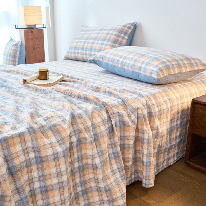 91家纺网 家纺一手货源 找家纺 春皖家纺 2026春夏新款全棉纯棉水洗棉单品系列床单单件床单单品-A版单床单 翠竹-蓝格