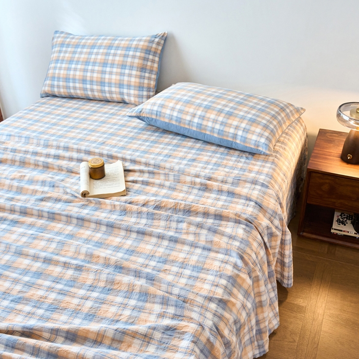 91家纺网 家纺一手货源 找家纺 春皖家纺 2026春夏新款全棉纯棉水洗棉单品系列床单单件床单单品-A版单床单 翠竹-蓝格