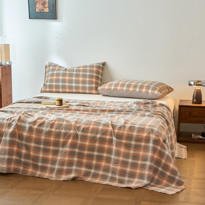 91家纺网 家纺一手货源 找家纺 春皖家纺 2026春夏新款全棉纯棉水洗棉单品系列床单单件床单单品-A版单床单 栗木-咖格