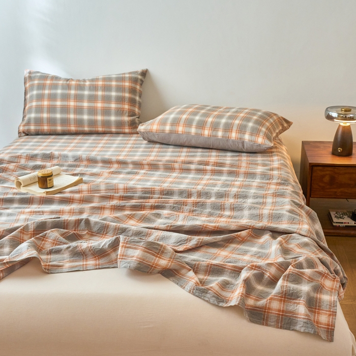 91家纺网 家纺一手货源 找家纺 春皖家纺 2026春夏新款全棉纯棉水洗棉单品系列床单单件床单单品-A版单床单 栗木-咖格