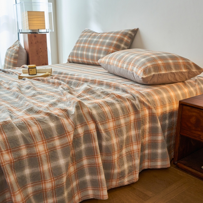 91家纺网 家纺一手货源 找家纺 春皖家纺 2026春夏新款全棉纯棉水洗棉单品系列床单单件床单单品-A版单床单 栗木-咖格