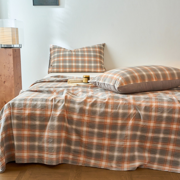 91家纺网 家纺一手货源 找家纺 春皖家纺 2026春夏新款全棉纯棉水洗棉单品系列床单单件床单单品-A版单床单 栗木-咖格