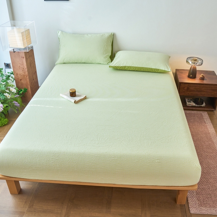 91家纺网 家纺一手货源 找家纺 春皖家纺 2026春夏新款全棉纯棉水洗棉单品系列床笠单件床笠单品-A版单床笠 嫩绿格