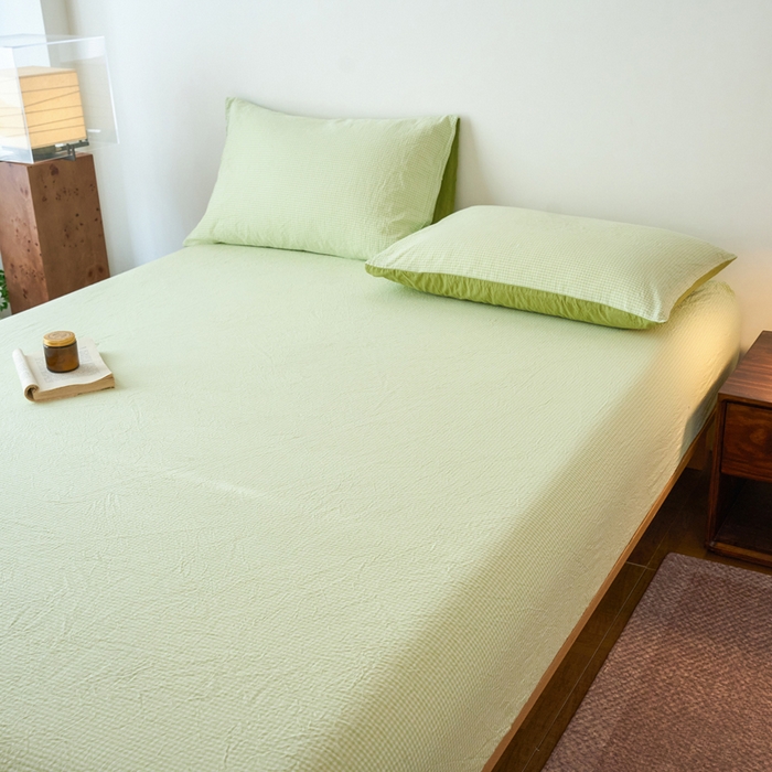 91家纺网 家纺一手货源 找家纺 春皖家纺 2026春夏新款全棉纯棉水洗棉单品系列床笠单件床笠单品-A版单床笠 嫩绿格