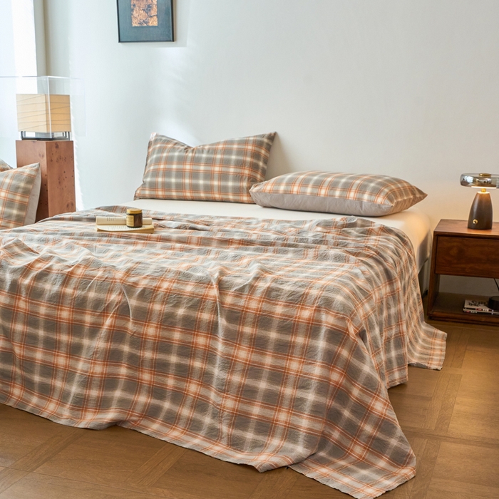 91家纺网 家纺一手货源 找家纺 春皖家纺 2026春夏新款全棉纯棉水洗棉单品系列床单单件床单单品-A版单床单 栗木-咖格