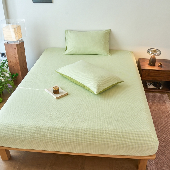 91家纺网 家纺一手货源 找家纺 春皖家纺 2026春夏新款全棉纯棉水洗棉单品系列床笠单件床笠单品-A版单床笠 嫩绿格