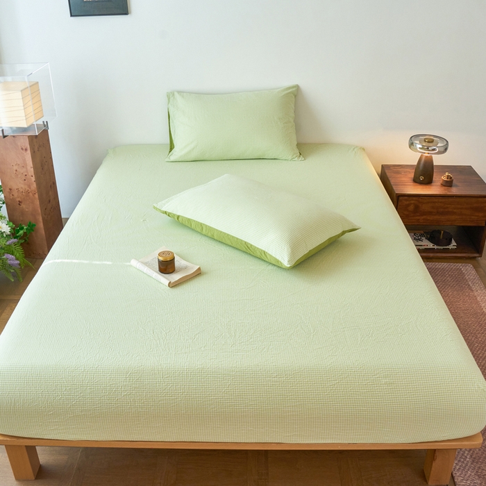 91家纺网 家纺一手货源 找家纺 春皖家纺 2026春夏新款全棉纯棉水洗棉单品系列床笠单件床笠单品-A版单床笠 嫩绿格