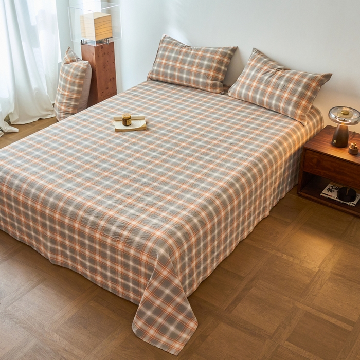 91家纺网 家纺一手货源 找家纺 春皖家纺 2026春夏新款全棉纯棉水洗棉单品系列床单单件床单单品-A版单床单 栗木-咖格