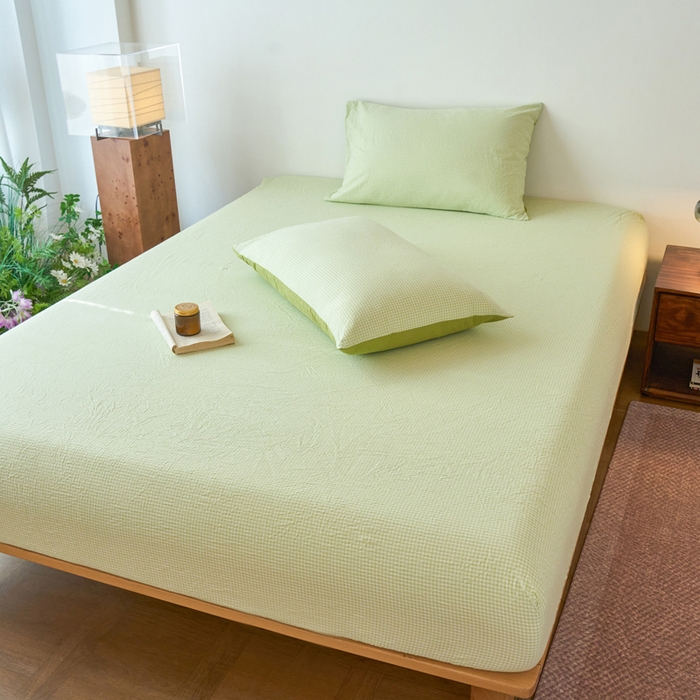 91家纺网 家纺一手货源 找家纺 春皖家纺 2026春夏新款全棉纯棉水洗棉单品系列床笠单件床笠单品-A版单床笠 嫩绿格