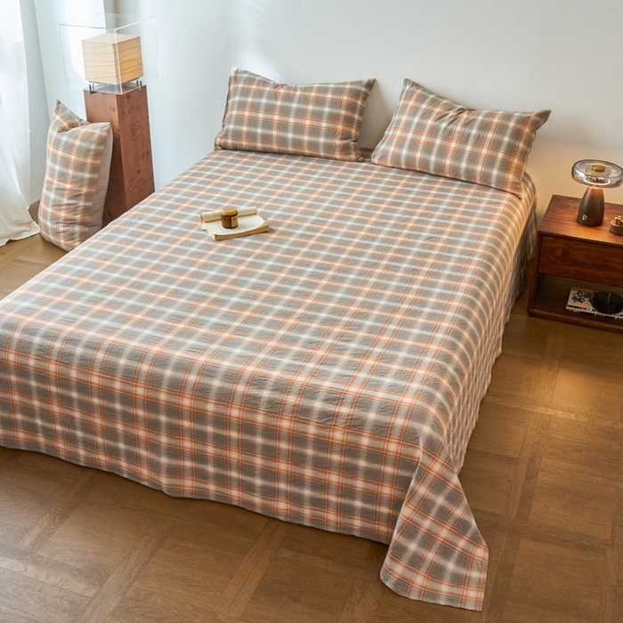 91家纺网 家纺一手货源 找家纺 春皖家纺 2026春夏新款全棉纯棉水洗棉单品系列床单单件床单单品-A版单床单 栗木-咖格