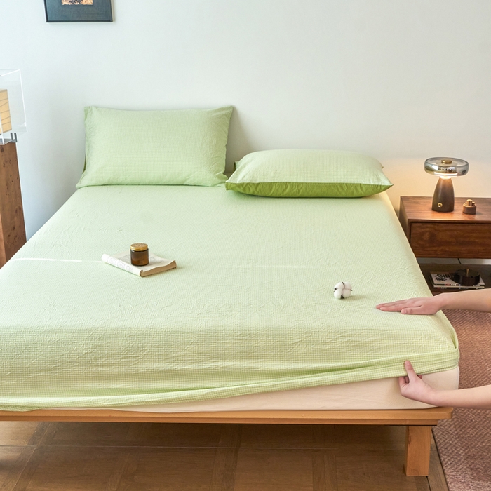 91家纺网 家纺一手货源 找家纺 春皖家纺 2026春夏新款全棉纯棉水洗棉单品系列床笠单件床笠单品-A版单床笠 嫩绿格