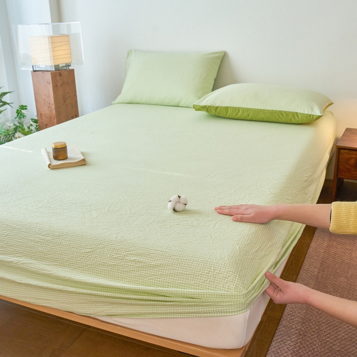 91家纺网 家纺一手货源 找家纺 春皖家纺 2026春夏新款全棉纯棉水洗棉单品系列床笠单件床笠单品-A版单床笠 嫩绿格