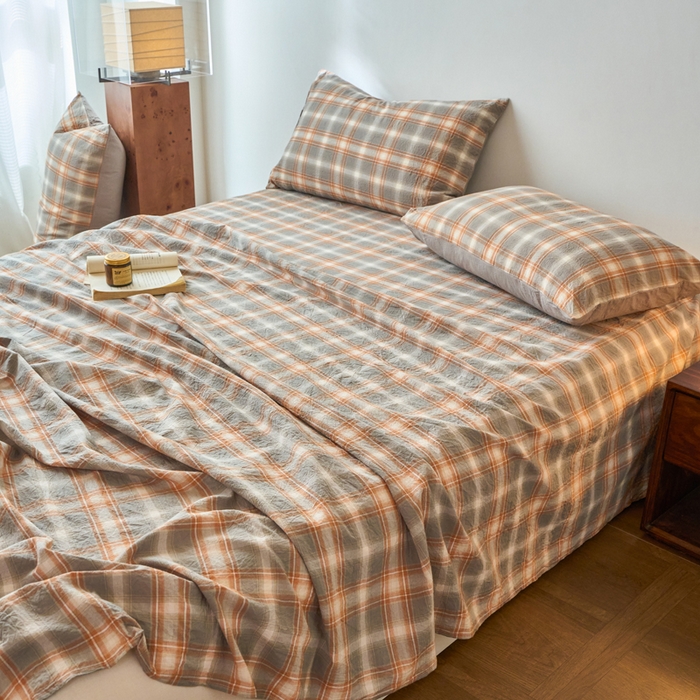 91家纺网 家纺一手货源 找家纺 春皖家纺 2026春夏新款全棉纯棉水洗棉单品系列床单单件床单单品-A版单床单 栗木-咖格