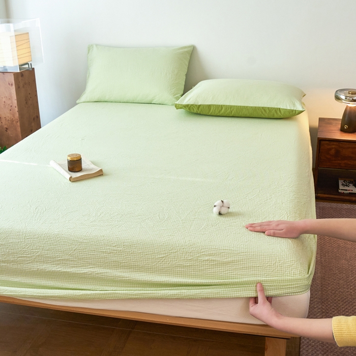 91家纺网 家纺一手货源 找家纺 春皖家纺 2026春夏新款全棉纯棉水洗棉单品系列床笠单件床笠单品-A版单床笠 嫩绿格