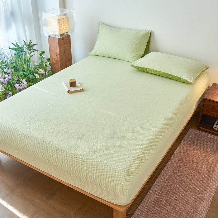 91家纺网 家纺一手货源 找家纺 春皖家纺 2026春夏新款全棉纯棉水洗棉单品系列床笠单件床笠单品-A版单床笠 嫩绿格