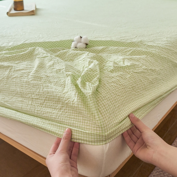 91家纺网 家纺一手货源 找家纺 春皖家纺 2026春夏新款全棉纯棉水洗棉单品系列床笠单件床笠单品-A版单床笠 嫩绿格