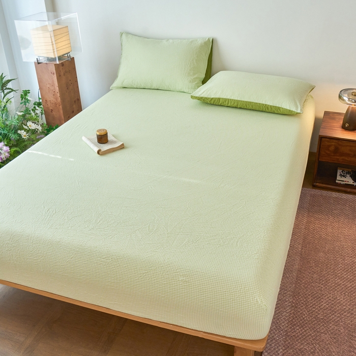 91家纺网 家纺一手货源 找家纺 春皖家纺 2026春夏新款全棉纯棉水洗棉单品系列床笠单件床笠单品-A版单床笠 嫩绿格