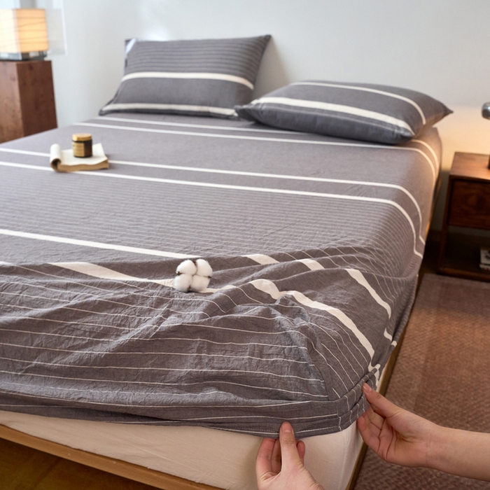 91家纺网 家纺一手货源 找家纺 春皖家纺 2026春夏新款全棉纯棉水洗棉单品系列床笠单件床笠单品-A版单床笠 素雅-灰条