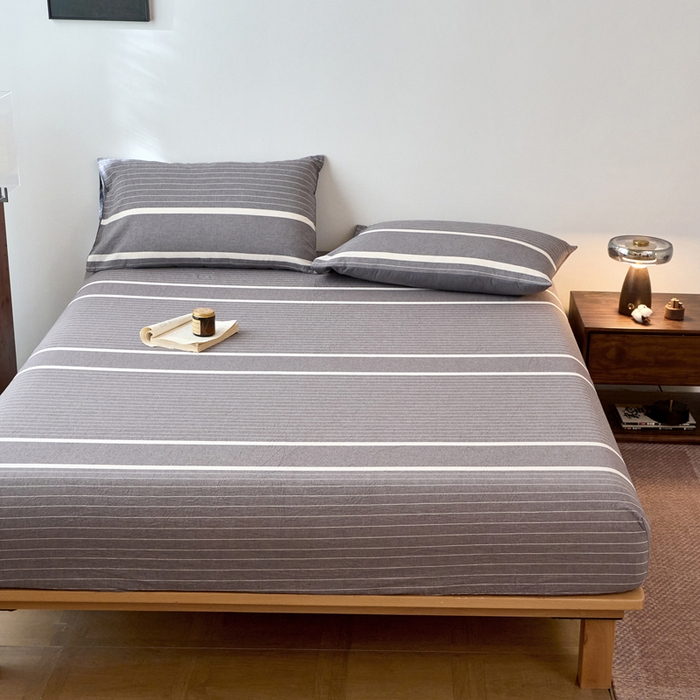 91家纺网 家纺一手货源 找家纺 春皖家纺 2026春夏新款全棉纯棉水洗棉单品系列床笠单件床笠单品-A版单床笠 素雅-灰条